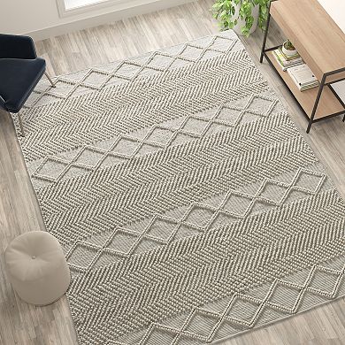 Emma and Oliver 8' x 10' Triple Blend White and Ivory Handwoven Geometric Area Rug