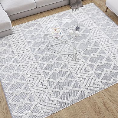 Merrick Lane Adelina 8' x 10' Handwoven Area Rug Cotton/Polyester Blend in Gray and Ivory Geometric Diamond Pattern