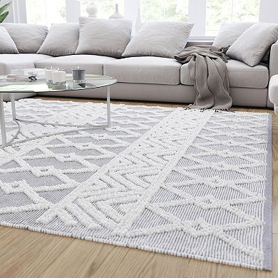 Merrick Lane Adelina 8' x 10' Handwoven Area Rug Cotton/Polyester Blend in Gray and Ivory Geometric Diamond Pattern