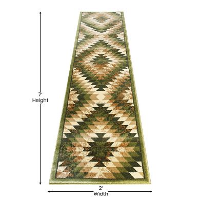 Masada Rugs Masada Rugs Stephanie Collection 2'x7' Area Rug Runner with Distressed Southwest Native American Design 1106 in Green, Brown and Beige