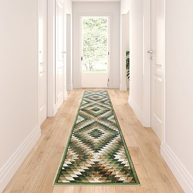 Masada Rugs Masada Rugs Stephanie Collection 3'x11' Area Rug Runner with Distressed Southwest Native American Design 1106 in Green, Brown and Beige