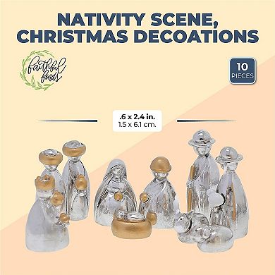 10 Piece Mini Nativity Set Figurines, Manger Scene for Indoor, Religious Christmas Decorations (Silver and Gold, 2.5 In)