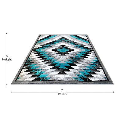 Masada Rugs Masada Rugs Stephanie Collection 5'x7' Area Rug with Distressed Southwest Native American Design 1106 in Turquoise, Gray, Black and White