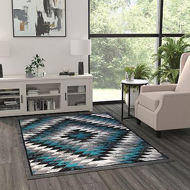 Masada Rugs Masada Rugs Stephanie Collection 5'x7' Area Rug with Distressed Southwest Native American Design 1106 in Turquoise, Gray, Black and White