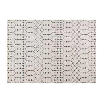 Merrick Lane Ivory Bohemian Low Pile Rug with Gray Geometric Design - 5' x 7'