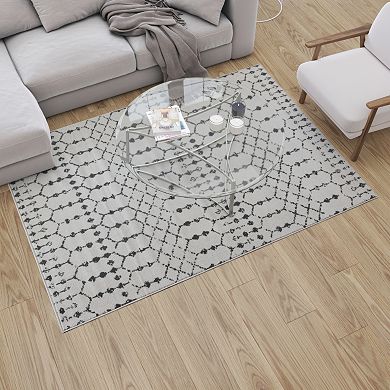 Merrick Lane Ivory Bohemian Low Pile Rug with Gray Geometric Design - 5' x 7'