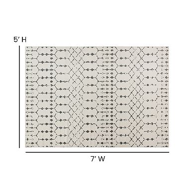 Merrick Lane Ivory Bohemian Low Pile Rug with Gray Geometric Design - 5' x 7'