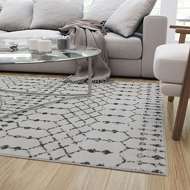 Merrick Lane Ivory Bohemian Low Pile Rug with Gray Geometric Design - 5' x 7'