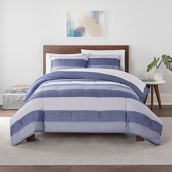 7pc Queen Billy Textured Stripe Antimicrobial Bedding Set Blue - Serta