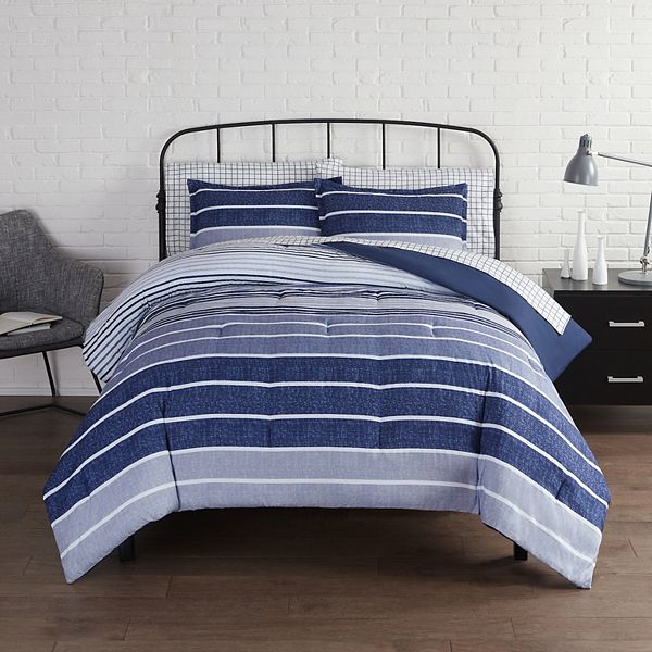7pc Full Conrad Variegated Stripe Antimicrobial Bedding Set Blue - Serta