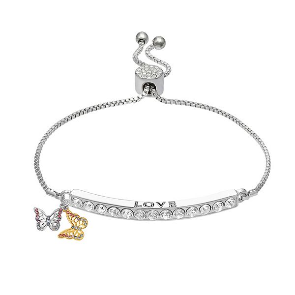 Brilliance Crystal "LOVE" Adjustable Bracelet with Two Tone Butterfly Charms