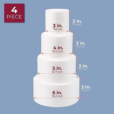 4 Piece Round Foam Cake Dummies for 12" Tall Fake Wedding Cake in 4 Sizes, for Decorating and Crafts (3, 4, 5, and 6 In)