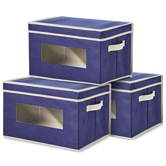 3x Navy Collapsible Foldable Cloth Fabric Cube Storage Bins Baskets For Shelves