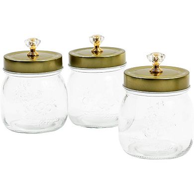 Glass Vanity Canisters with Gold Lids, Mason Jar Bathroom Set (3 Pack)
