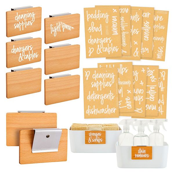 Set of 8 Wooden Bin Clips for Laundry Room Labels + 63 Preprinted White on Clear Script Stickers