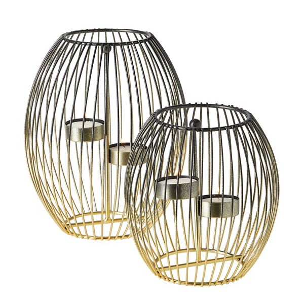 2 Piece Oval Metal Tealight Candle Holder Centerpiece, 2Tone Gold and
