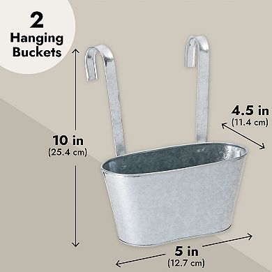 Large Galvanized Hanging Bucket Planter, Metal Tin Buckets for Flowers (10 x 4.5 x 5 in, 2 Pack)