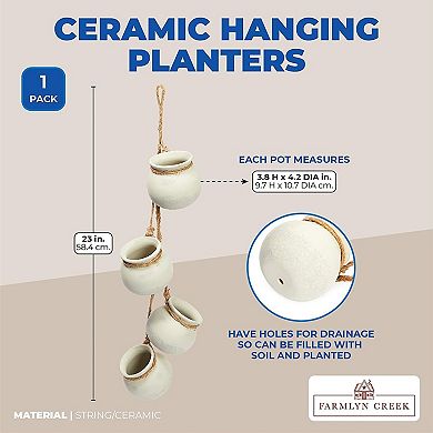 4 White Ceramic Hanging Planter Pots on 23-Inch Jute Rope