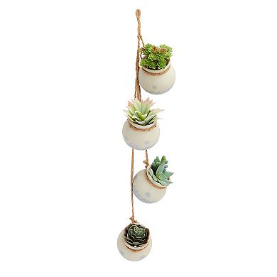 4 White Ceramic Hanging Planter Pots on 23-Inch Jute Rope
