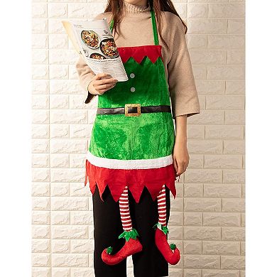 Christmas Apron with Hanging Legs, Elf Kitchen Accessory (35 x 23 In, Green)