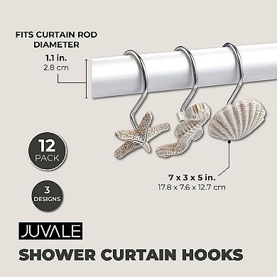 12 Pack Beach Shower Curtain Hooks, Decorative Ocean Themed Design with Seahorses, Starfish, and Seashells
