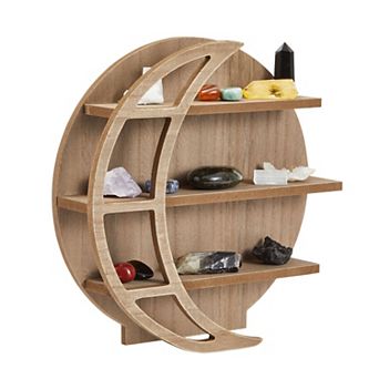 Brown Wooden Moon Shelf, Rustic Wall Home Decor, Crystal holder for stones display and Essential Oils (12 x 12 x 3 in