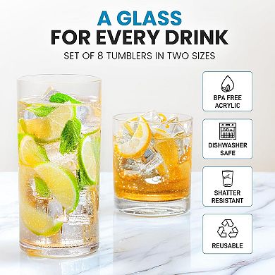 Zulay Kitchen Acrylic Glasses Drinkware - 8 Piece Unbreakable Plastic Tumblers (12&16oz)