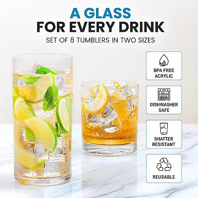 Zulay Kitchen Acrylic Glasses Drinkware - 8 Piece Unbreakable Plastic  Tumblers (12&16oz)