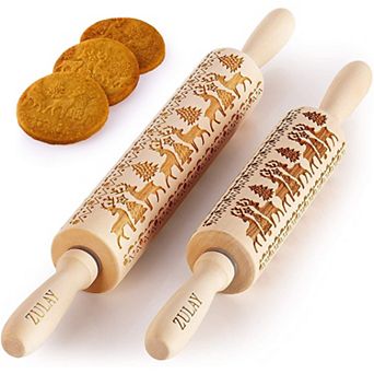 Zulay Kitchen Wooden Carved Christmas Rolling Pin (Set of 2)
