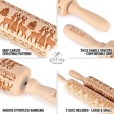 Zulay Kitchen Wooden Carved Christmas Rolling Pin (Set of 2)