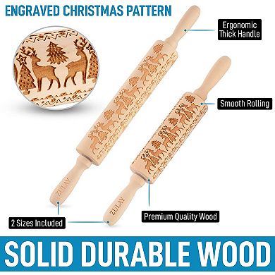 Zulay Kitchen Wooden Carved Christmas Rolling Pin (Set of 2)