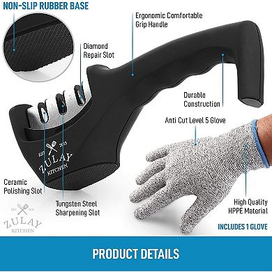 Zulay Kitchen 3 Stage Knife Sharpener & Cut-Resistant Glove