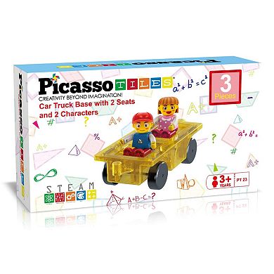 PicassoTiles 3 PC Magnetic Car and 2 Characters Set Magnetic Building Blocks for Kids 3+
