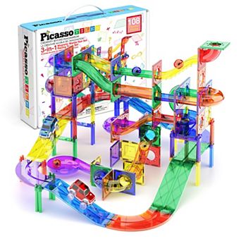 PicassoTiles 108 pc Racetrack & Marble Run Magnet Tile, Building Block for Kid Age 3 & Up, PTG108