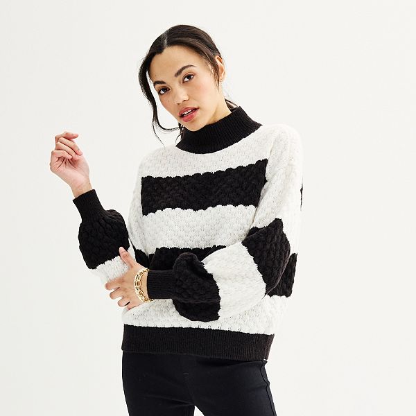 Womens Nine West Cozy Mock Neck Pullover Sweater - Black Dew Stripe (X LARGE)