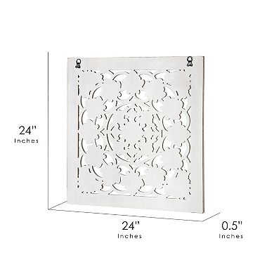 American Art Décor Distressed Wood Framed Square Floral White Wall Medallion