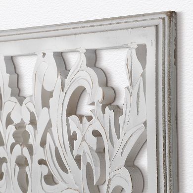 American Art Décor Hand-Carved Distressed White Floral Wood Wall Medallion