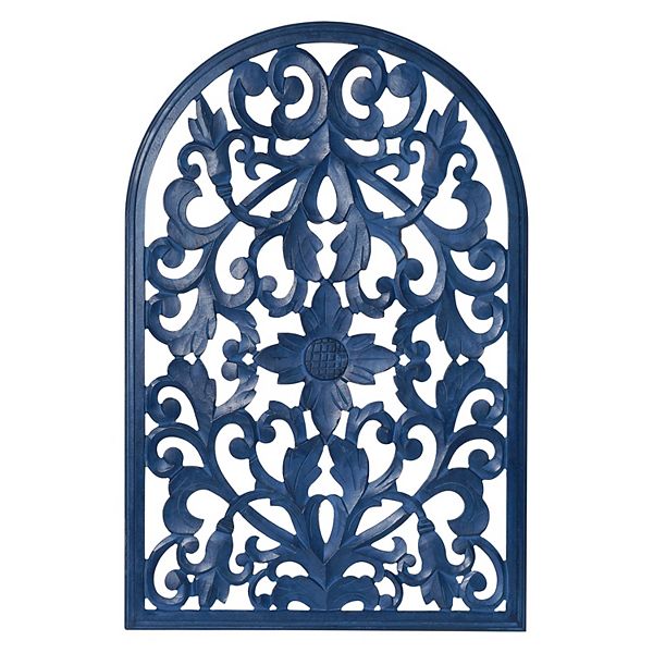 American Art Décor HandCarved Arched Navy Blue Wood Wall Accent Medallion