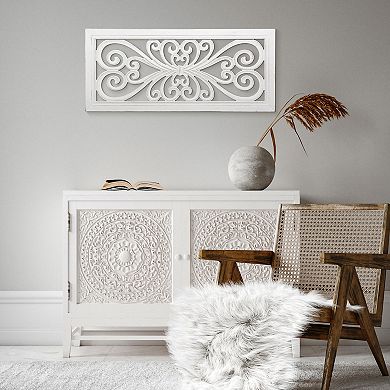 American Art Décor Distressed Hand-Carved White Wood Wall Accent Medallion Panel