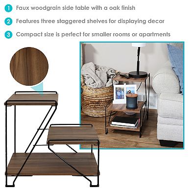 Sunnydaze Indoor 3-Tiered Wire Accent Table with Faux Woodgrain Tabletops