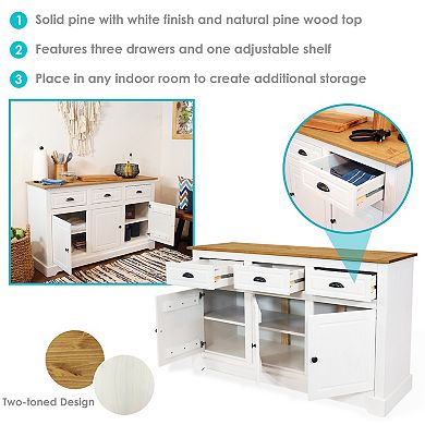 Sunnydaze Solid Pine Sideboard with 3 Drawers and 3 Doors - White - 32 in