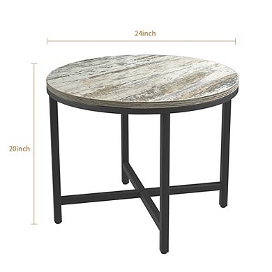 Frana Wood-Grain Round Side Table with Black Matte X-Shaped Metal Frame and Adjustable Foot Pads