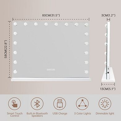 Fenchilin Large Hollywood Vanity Mirror with Lights Bluetooth Tabletop Wall Mount Metal White 32" x 23"