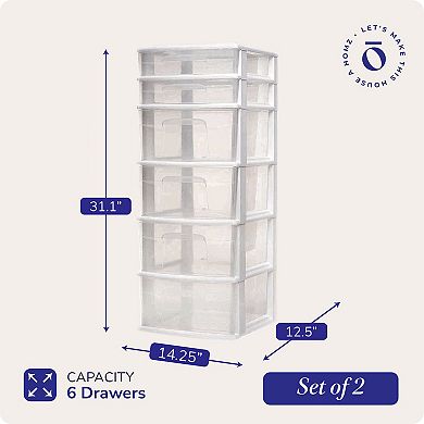 Homz Plastic 6 Clear Drawer Medium Home Storage Container Tower, White (2 Pack)
