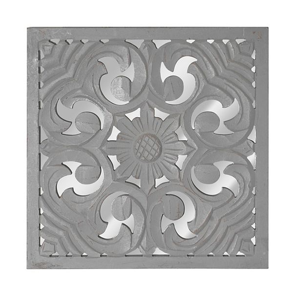 American Art Décor Distressed Reflective Grey Floral Wood Square Wall