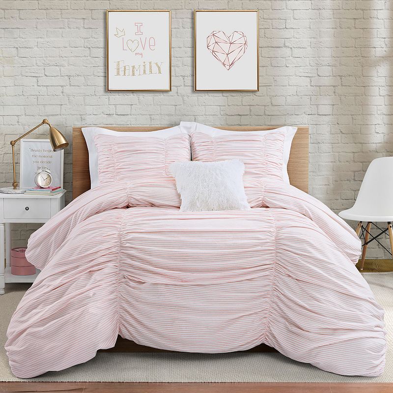 Lush Decor Ruching Ticking Striped Comforter Set, Pink