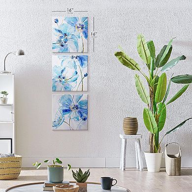American Art Decor Blue Spring Poppy Canvas Wall Art 3-piece Set