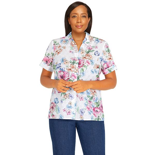 Women's Alfred Dunner Watercolor Floral Short Sleeve ButtonDown Top