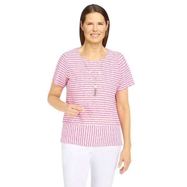 Petite Alfred Dunner Stripe Textured Knit Top with Necklace