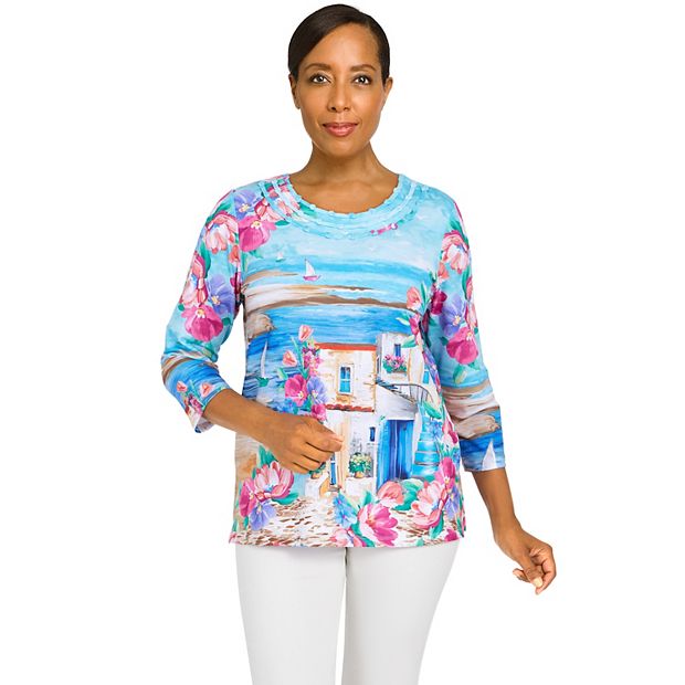 Petite Alfred Dunner Seaside Print 3/4 Sleeve Top